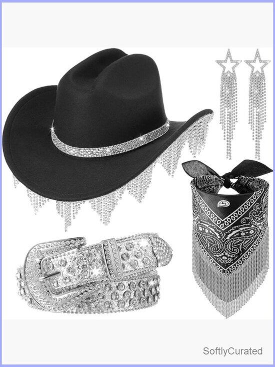 Cowgirl Hat Set with Rhinestone Fringe Hat Belt Earrings Bandana main image 6